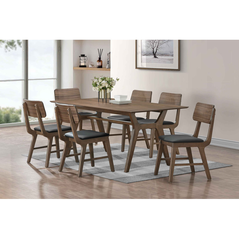 Table de salle à manger rectangulaire en bois Luret avec 6 chaises noires, 7 pièces : table, 6 chaises
