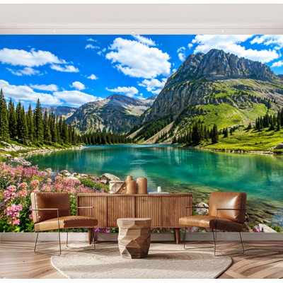 Wall Mural Peel and Stick Scenic Alpine Lake Wildflowers Majestic Mountain Peaks Large Wallpaper Self-Adhesive Removable Contact Paper Wall Decor for Living Room Bedroom Nursery 69"H x 96"W
