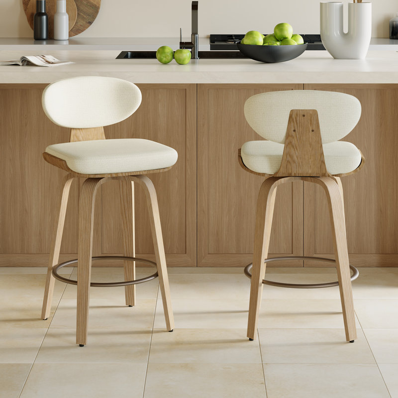 Tabouret de comptoir pivotant 26 po avec dossier et pieds en bois courbé, Bois naturel