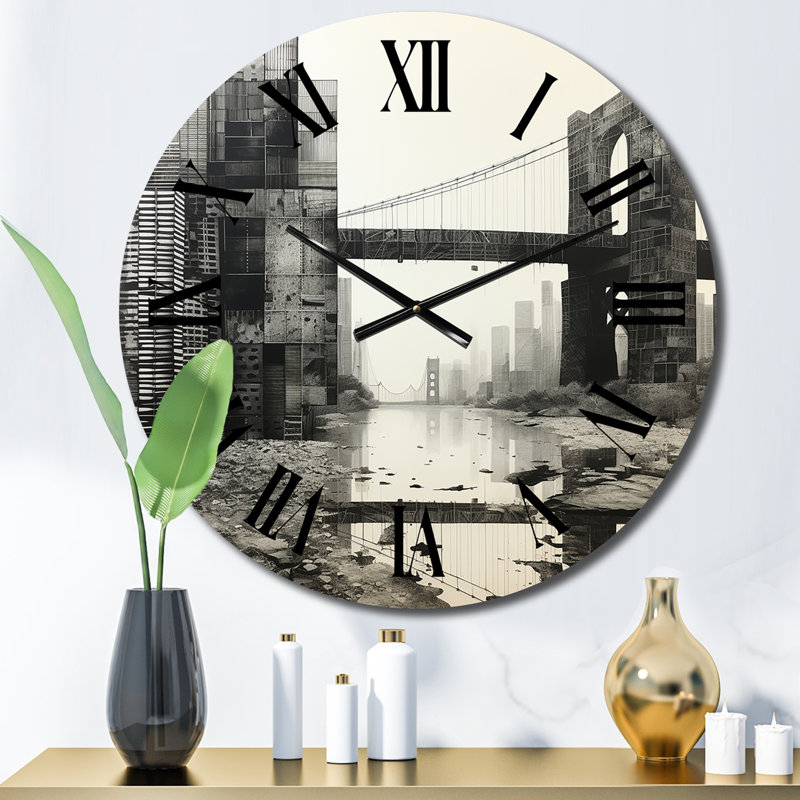 Grey Bridge Monochromatic Crossing Graphite II - Architecture Wall Clock, Small