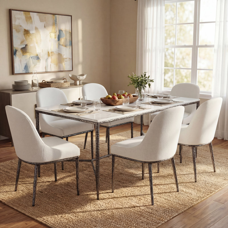 Ensemble de salle à manger 7 pièces Fernand avec table aspect marbre et chaises rembourrées en fer martelé, Étain forgé