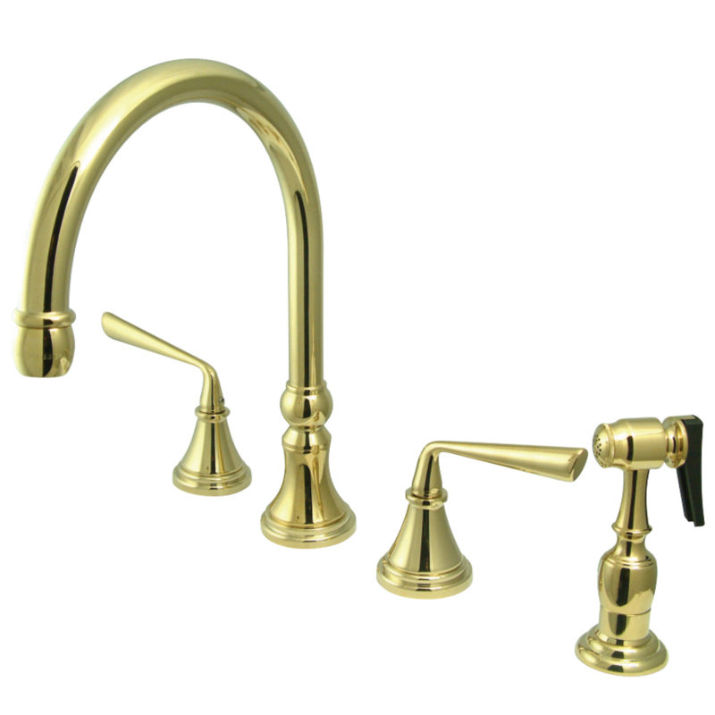 Kingston Brass Silver Sage Double-Handle Widespread Kitchen Faucet, Polished Brass, With Side Spray