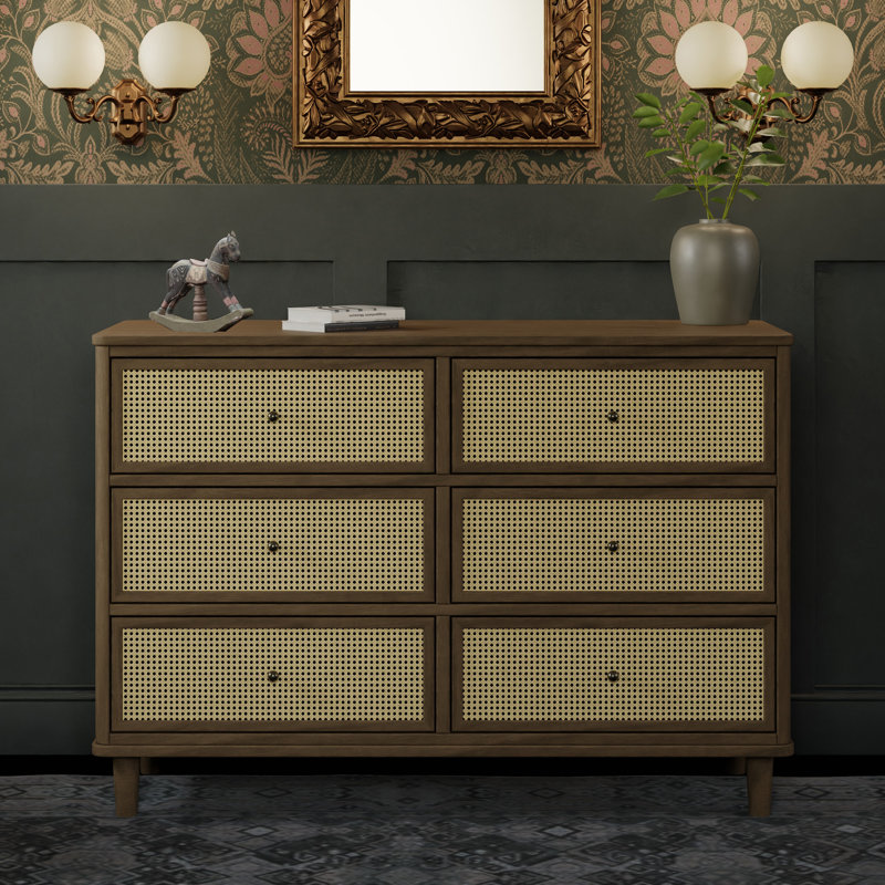 Marin with Cane 6 Drawer Dresser, Natural Walnut/ Blonde Cane