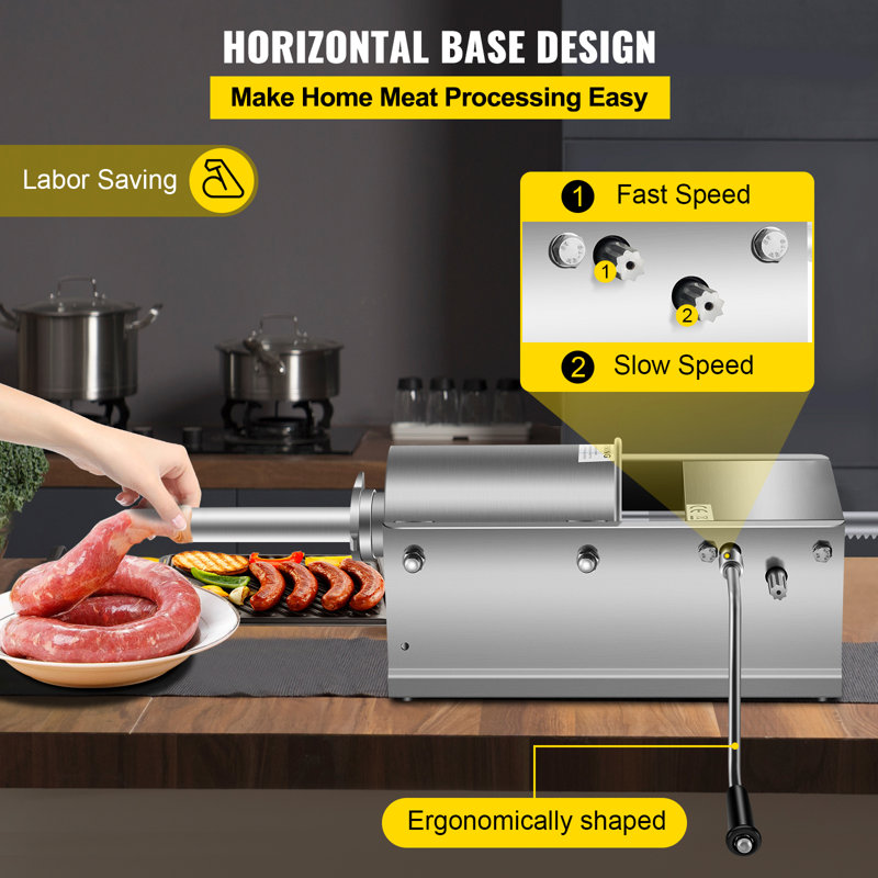 Poussoir à saucisses manuel, machine horizontale de 3 L / 3,2 kg, en acier inoxydable 304 de qualité alimentaire, comprend 5 tubes à farcir et un système de poussée à deux vitesses.