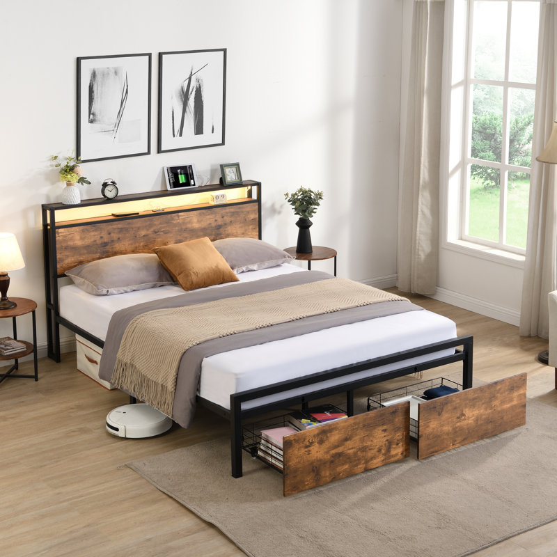 Full Size Bed Frame With Storage Headboard And 2 Drawers, LED Lights Bed With Charging Station, Metal Platform Bed No Noise, Mattress Foundation Strong Metal Slats Support No Box Spring Needed