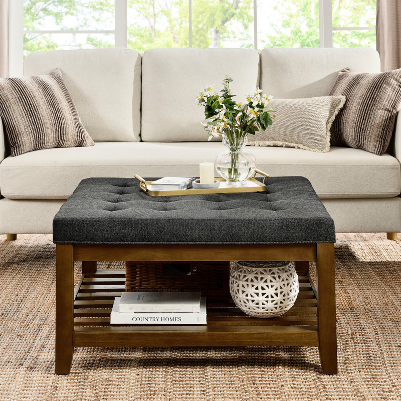 Lin avec base en bois de hêtre et tablette au design élégant gris foncé, grand repose-pieds carré pour le salon, Gris foncé
