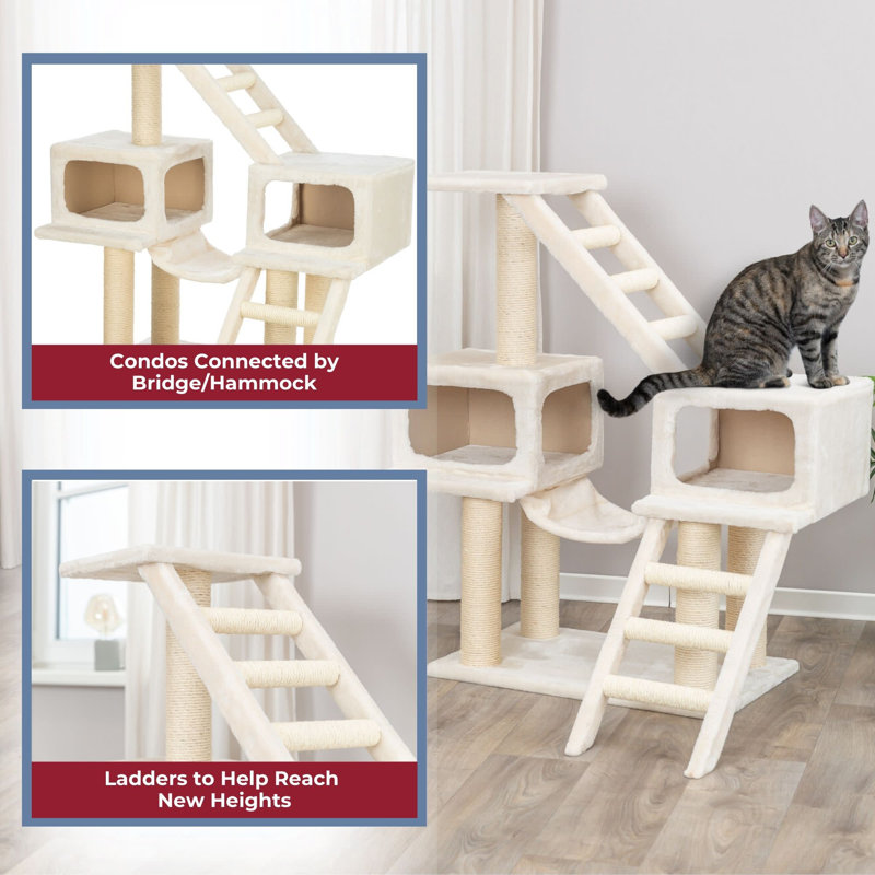 Beige Sisal 3-Level Cat Tree with Hammock and Condos