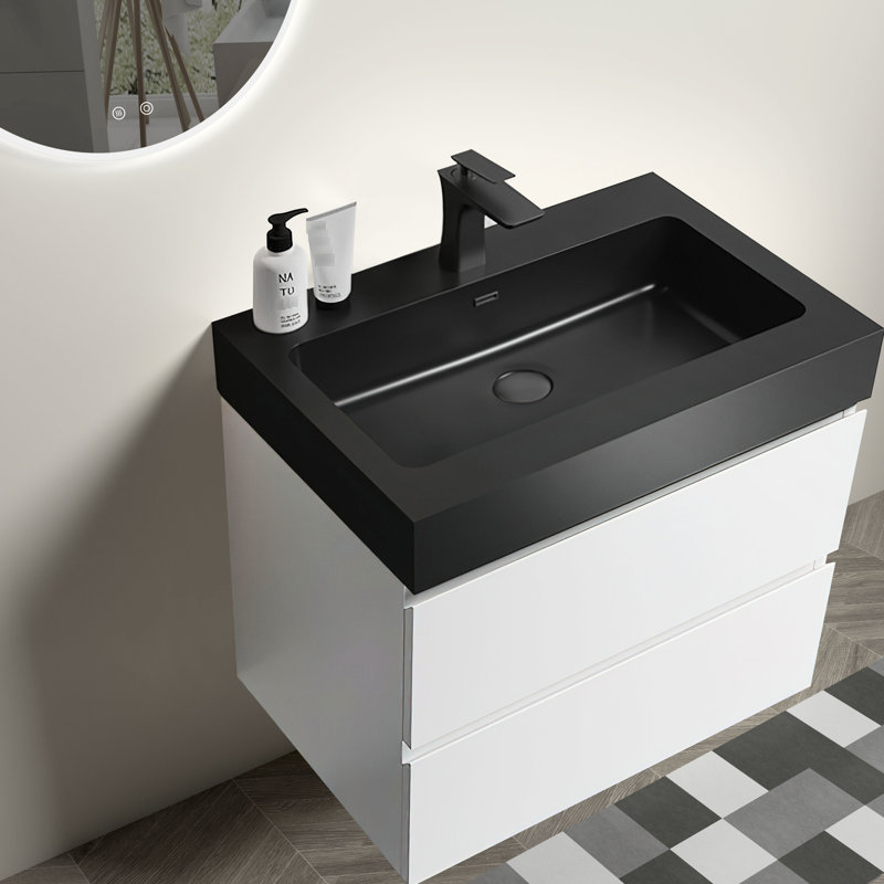 Meuble-lavabo moderne de 24 po, blanc avec lavabo noir, espaces de rangement spacieux, système de fonctionnement silencieux, meuble-lavabo mural et charme, possibilité élargie, aspect fonctionnel, aspect biseauté gracieux
