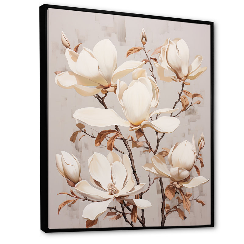 «Magnolias Dreamy Beige» sur toile, Cadre flottant noir, H 44 po x l 34 po x P 1,5 po