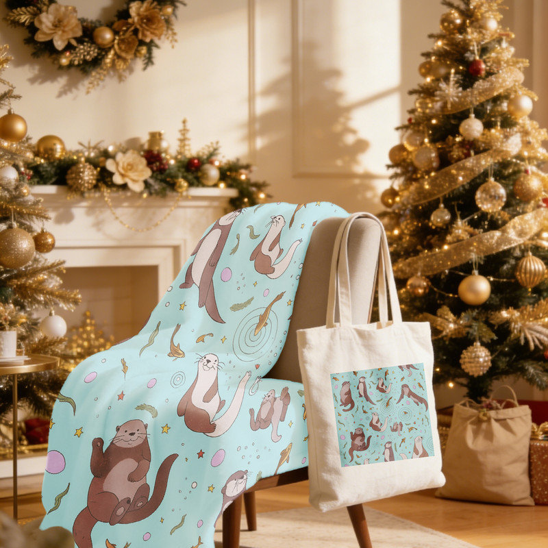 Ensemble-cadeau de 2 pièces de Noël loutre de Noël: couverture en flanelle 40 x 50 pouces + fourre-tout en toile 15,75 x 13,78 pouces - ensemble de décoration pour les fêtes pour animaux de compagnie
