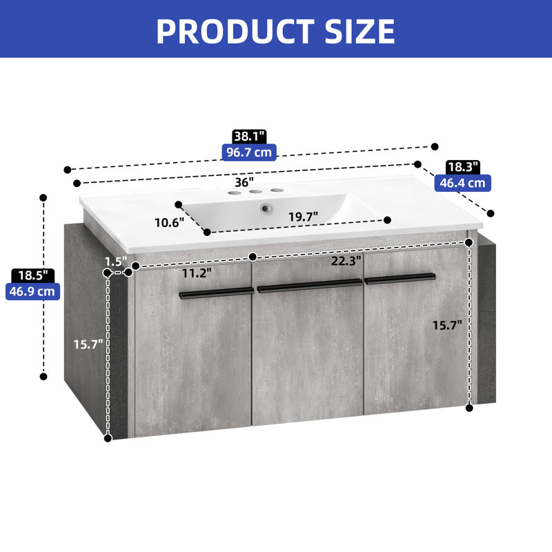Floating Wall-Mount Bathroom Vanity with Integrated Ceramic Sink Countertop