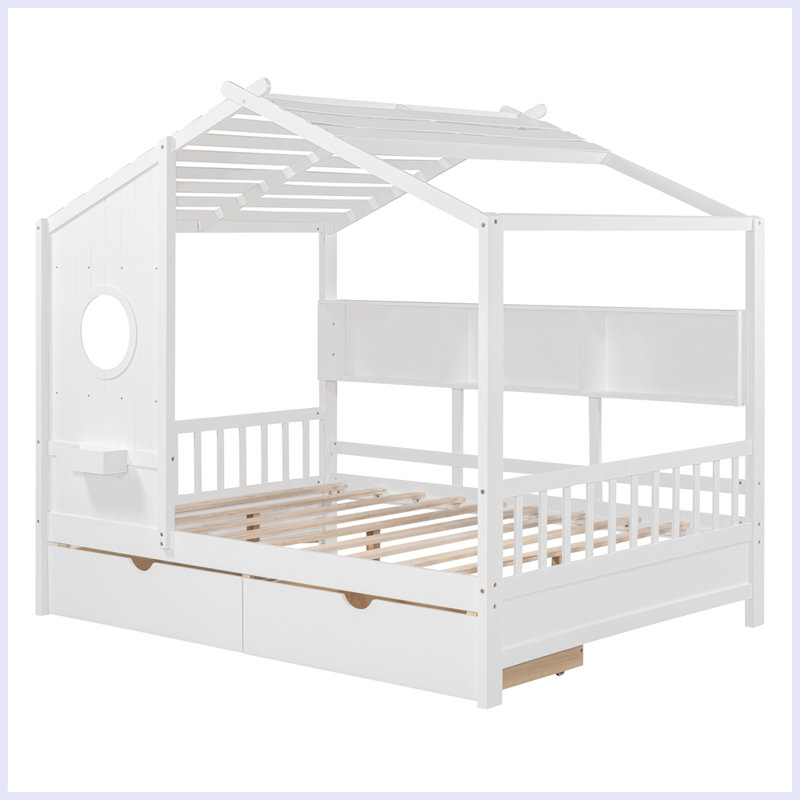 Lit moderne en bois avec 2 tiroirs et tablette de rangement, Complète, Blanc