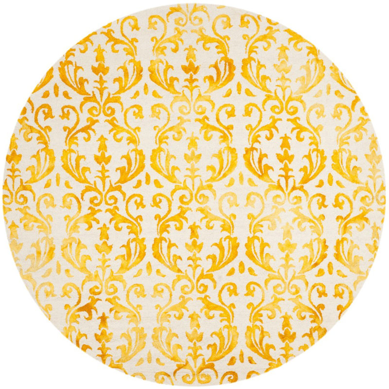 Tapis en laine / coton touffeté à la main Berman en ivoire / or, Rond 7 pi