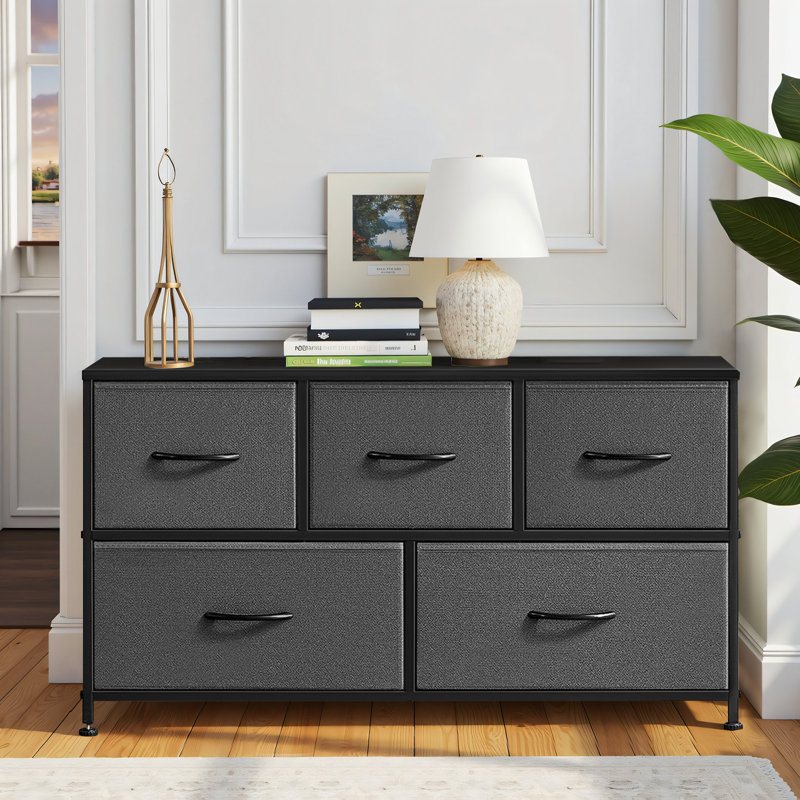 Dresser For Bedroom, 5 Storage Drawers, Wide Closet Chests Organizer Tower Furniture With Top Metal Frame For Clothes, Kids Room, Living Room, Hallway, Entryway