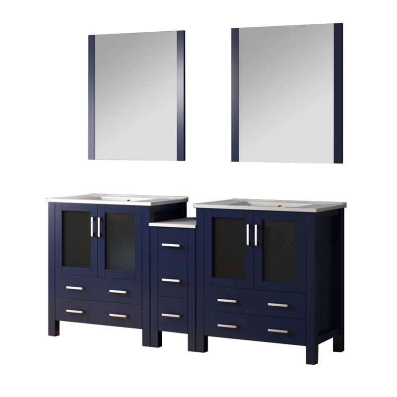 Mestas Meuble-lavabo double pour salle de bain, armoires latérales, comptoir en céramique blanche, 28 miroirs, mécanisme de fermeture en douceur, baignoire longue bleue, comptoir, fermeture, sept tiroirs