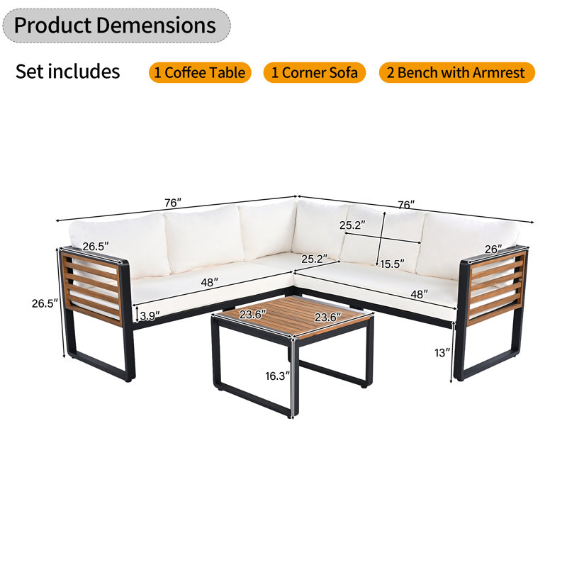 Ensemble de conversation modulaire en métal avec coussins 4 pièces, Beige