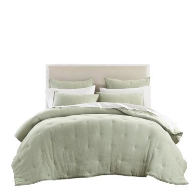 Courtepointe très grand en coton de taille sauge très doux avec texture froissée, respirante pour une utilisation toute l'année, motif brodé et gaze de sauge standard de 100, légère et confortable, confort toutes saisons, attelage
