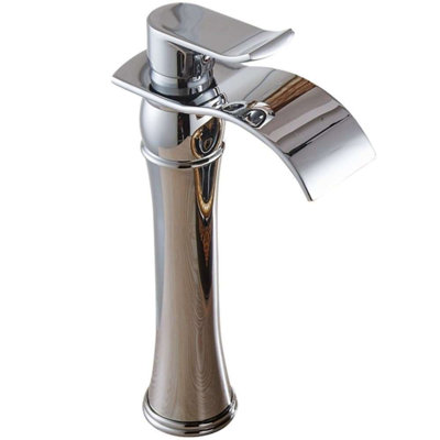 Leon Single Handle Bathroom Sink Faucet with Drain – Chrome Finish, Waterfall Spout, Deck-Mount Design