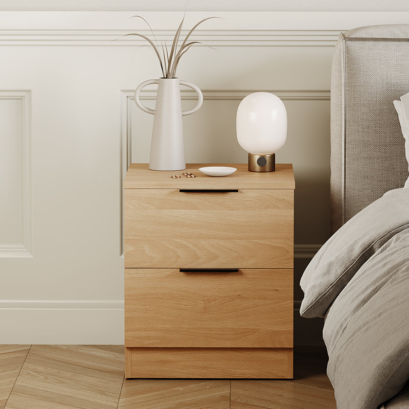 Tanishi 2 Drawer Bedside Chest Modern Bedroom Nightstand, Pine