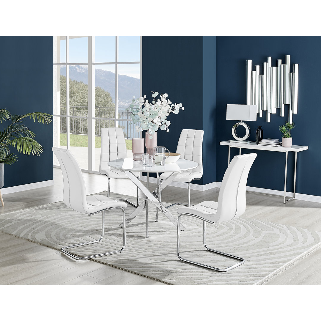 Tierra Modern Chrome Metal & Glass Round Dining Table Set with Modern Faux Leather Chairs