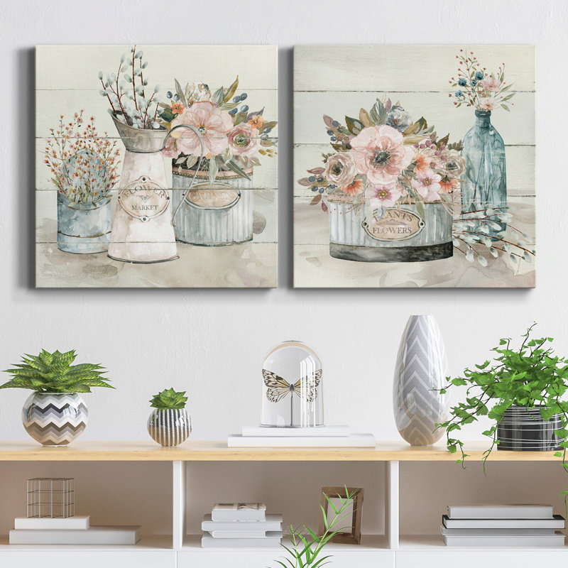 Shiplap Flower Market - 2 pièces, reproduction d'art sur toile tendue, H 40 po x l 80 po x P 1 po