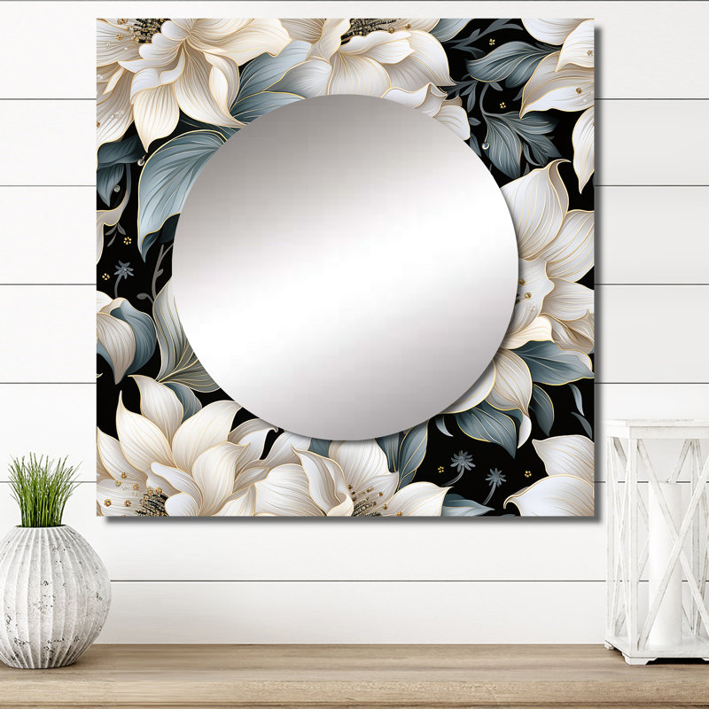 Exotic Grey And White Flowers Pattern - Floral Square Mirror For Wall Art Decor, 29" x 29"