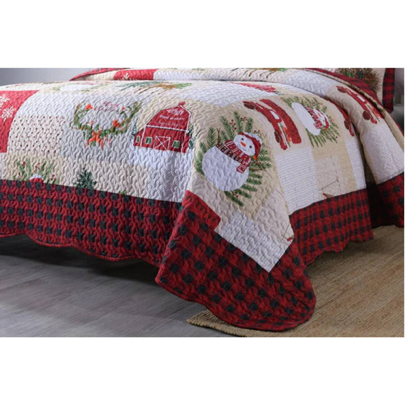  Ensemble de courtepointe réversible en microfibre beige et rouge de trois articles, King Quilt + 2 Shams