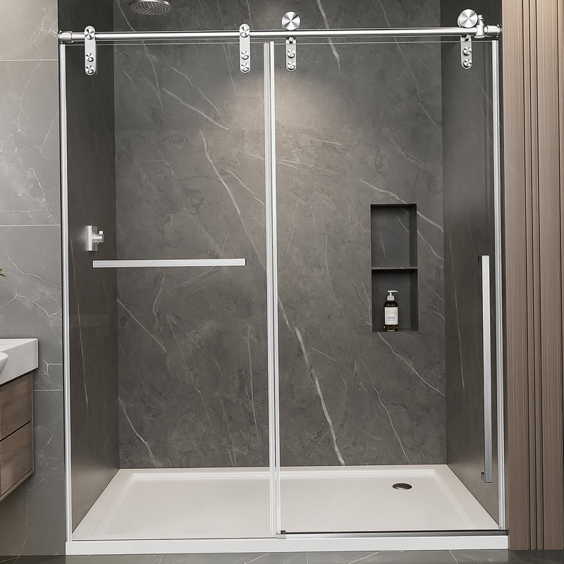 Porte de douche coulissante sans cadre, écran de douche, verre trempé transparent avec film antidéflagrant, Nickel brossé