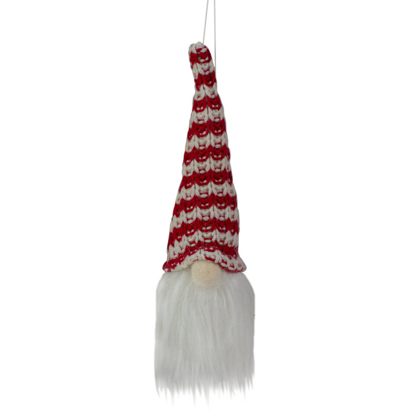Ornement en forme de tête de gnome en tricot 8 po rouge et blanc
