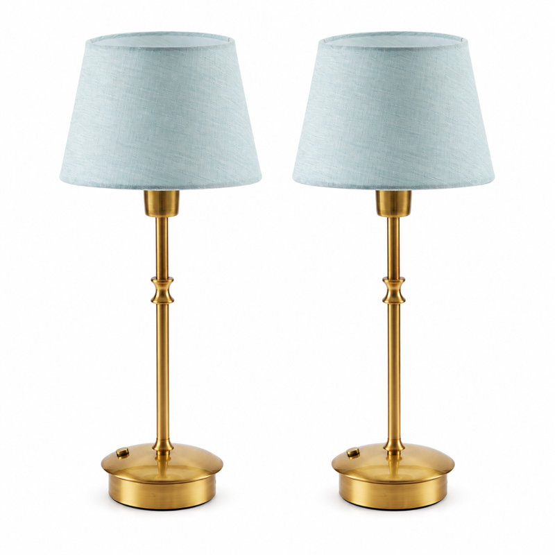 Small Cordless Lamp Rechargeable Table Lamps Set of 2, Dimmable Battery Operated Lights, Portable Accent Light for Side Table Restaurant Dining Outdoor, Blue Fabric Shade, Antique Brass