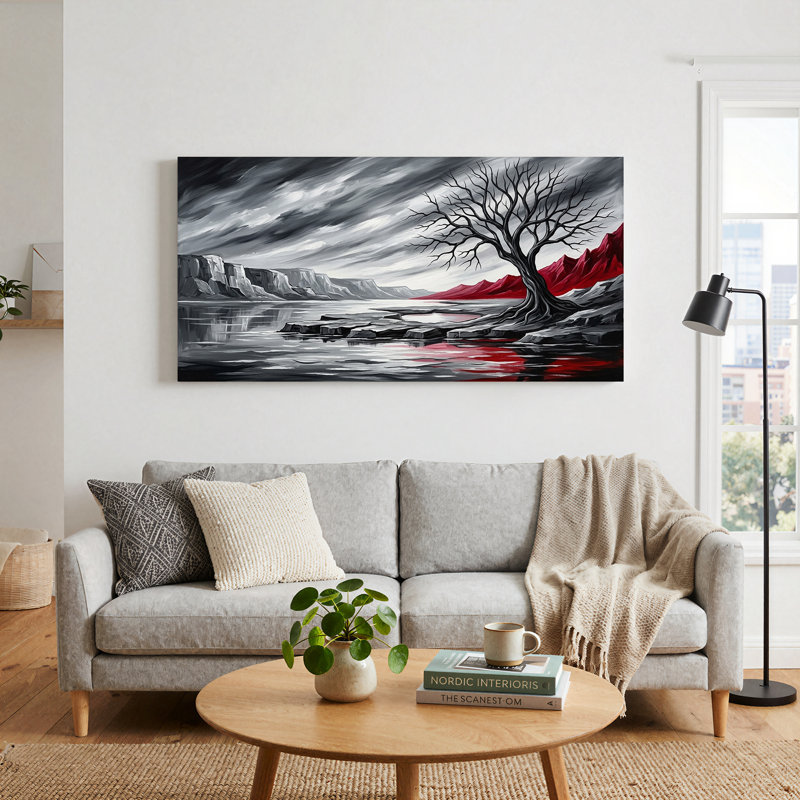 Art mural sur toile noir et blanc avec montagnes rouges et arbre nu, L 40 po x H 20 po