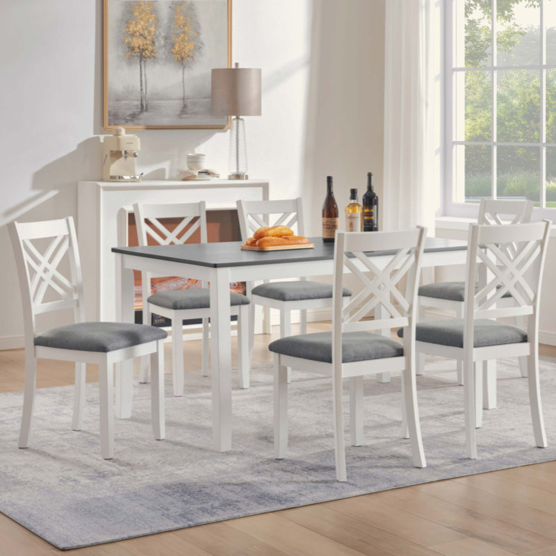 Ensemble de salle à manger moderne en bois massif 7 pièces avec 6 chaises rembourrées