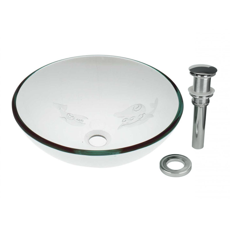 16.5'' Clear Frosted Glass Vessel Bathroom Sink with Etched Fish