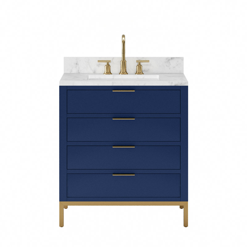 Bristol 30 In. Single Sink Carrara White Marble Countertop Bath Vanity In Pure White With Satin Gold Gooseneck Faucet, 30" W