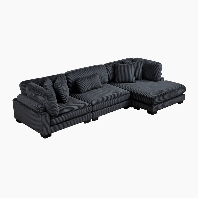 Hulett 135" Modern Modular Sectional with Corduroy Fabric, Adjustable Backrests & Pocket Coils, Light Beige Corduroy, 3