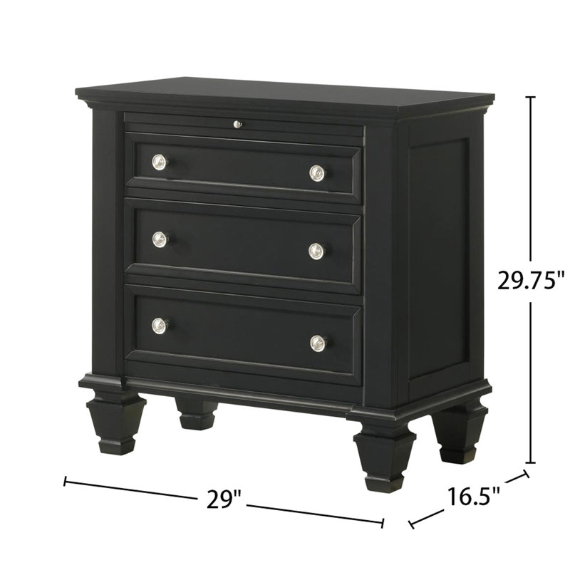 Table de chevet noire avec 3 tiroirs et plateau coulissant - Glissières d'extension en métal pour une accessibilité en douceur