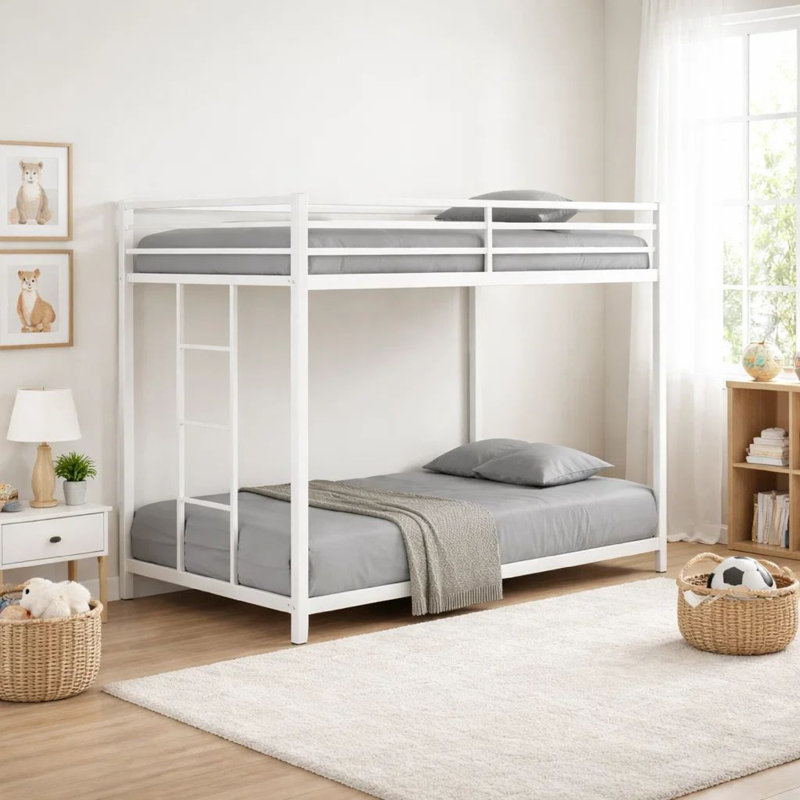 Ady Low Profile Twin Over Twin Bunk Bed With Ladder, White Metal Frame, White