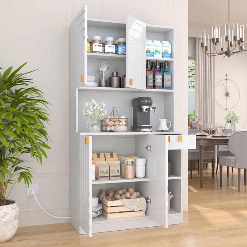 Armoire de garde-manger pour salon, huche de support pour micro-ondes de cuisine en bois de 70 po avec station de rangement et de charge, finition blanche ultrabrillante