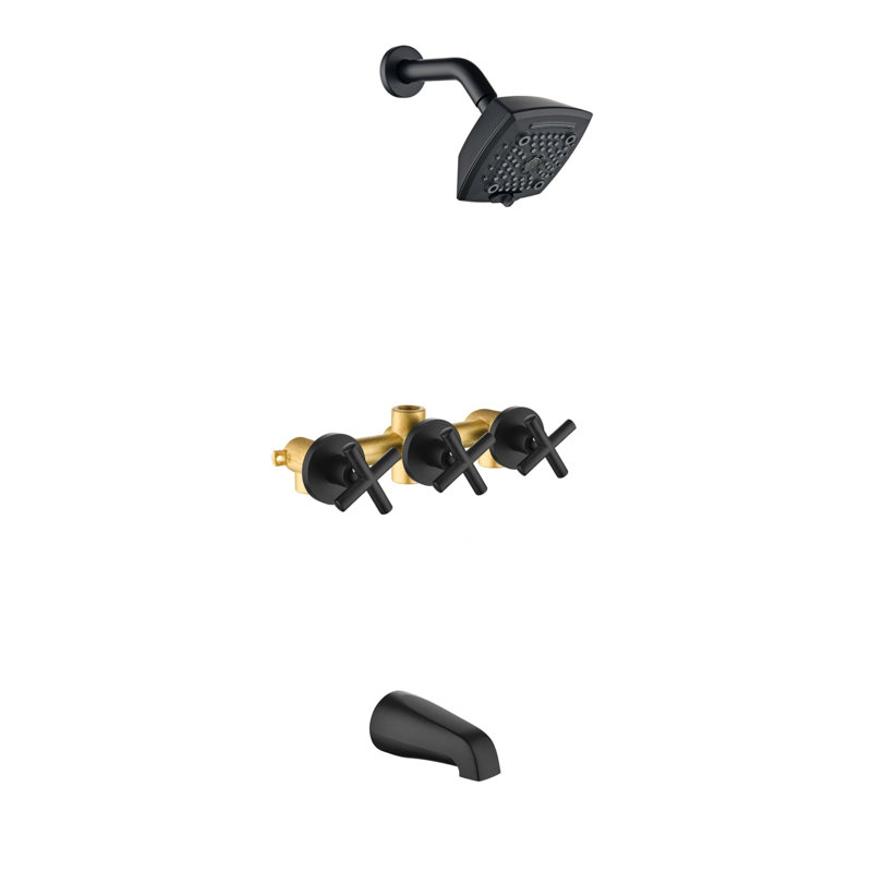 Système de douche mural avec bec de baignoire, robinet de douche de 5 pouces, ensemble de garniture de douche à 3 poignées en laiton avec valve brute