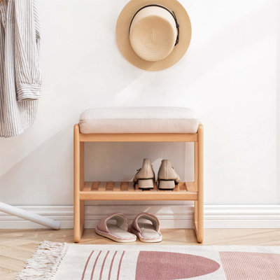Banc à chaussures en bois massif avec coussin éponge à rebond élevé, organisateur de rangement en bois de hêtre pour vestibule et petits espaces
