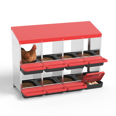 Boîte de nidification à 8 compartiments pour poules roulantes, nid d'œufs en acier galvanisé résistant aux intempéries avec coussins souples, boîte de volaille murale ou autoportante, rouge