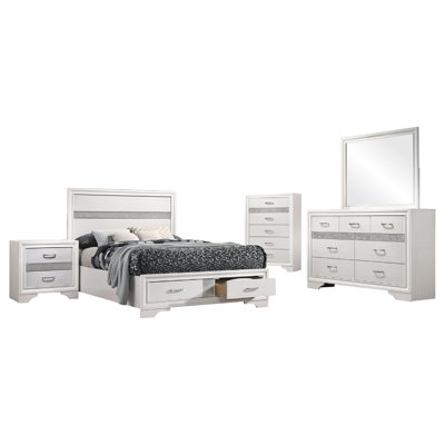 Vino White 5 Piece Full Bed Set With Storage, Dressers, Glitter Accent