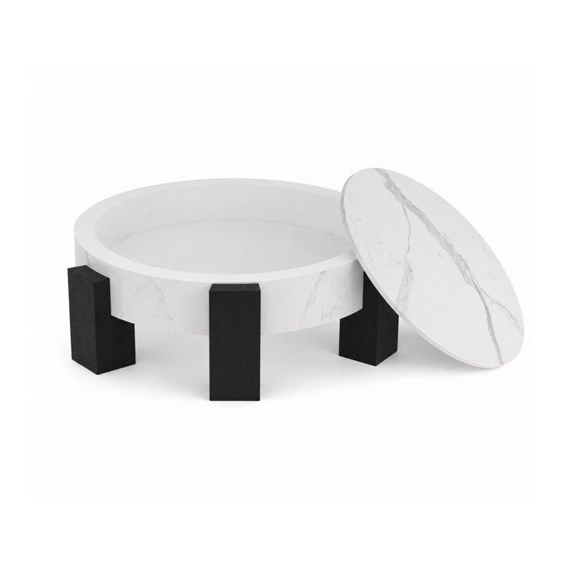 Table basse ronde de rangement de 33 pouces avec couvercle amovible, plateau en marbre blanc et pieds en bois noir