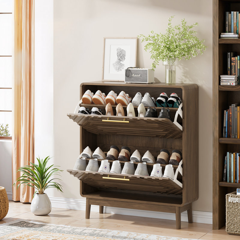 Rangement pour chaussures autoportant de 31,5 po style Mid-Century moderne en noyer de conception pour l'entrée, deux tiroirs rabattables, support ouvert, vestibule de construction avec et mix, 2 tablettes,