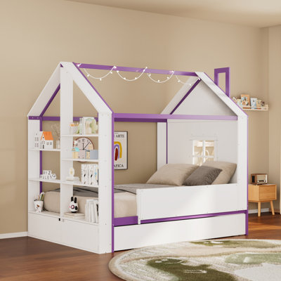 Full Size House Bed with Pull-Out Trundle and Shelves and LED Lights