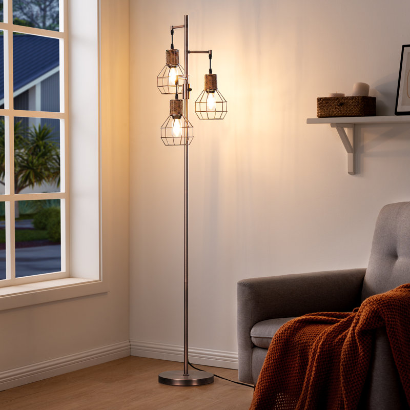 Ellzey 65"  Rattan Tree Floor Lamp with Dimmable Bulbs and Rotary Switch Included, Antique Red Copper