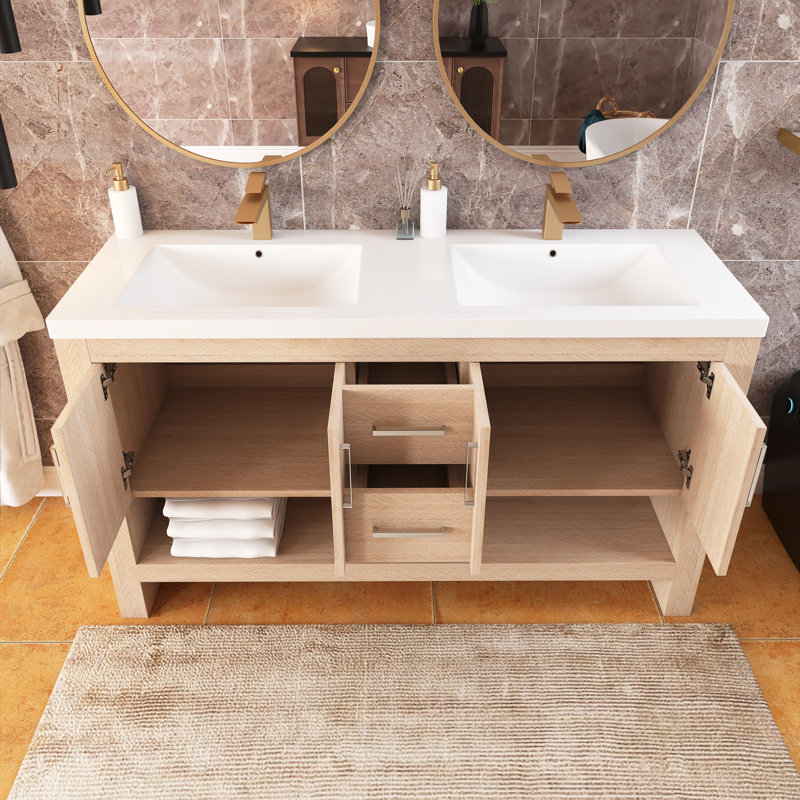 Meuble-lavabo autoportant en contreplaqué 60 po avec double vasque
