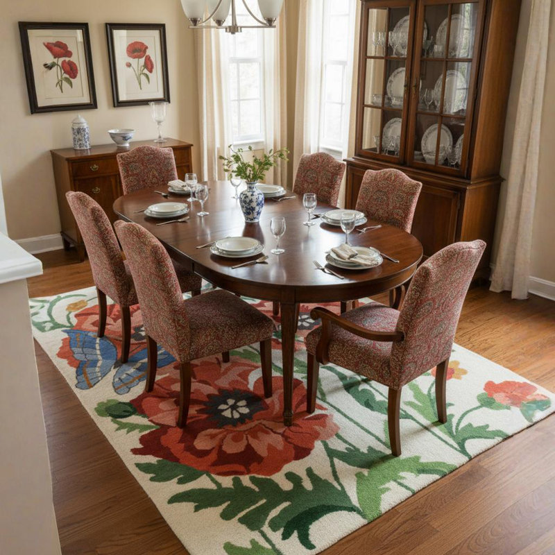 Adairsville Authentic Hand-Tufted Handmade Red, Green & Blue Garden Botanical Floral Butterfly Wool Area Rug