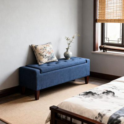Banc de rangement, siège de hall d'entrée avec plateau relevable, lin bleu foncé, pieds en bois d'hévéa, l 36,25 po x P 15,75 po, poids de 330 lb, pour ranger vos repose-pieds