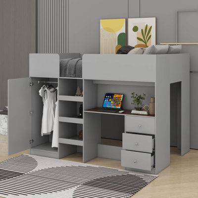 Lit mezzanine double en bois avec garde-robe intégrée, tiroirs, tablettes de rangement et bureau